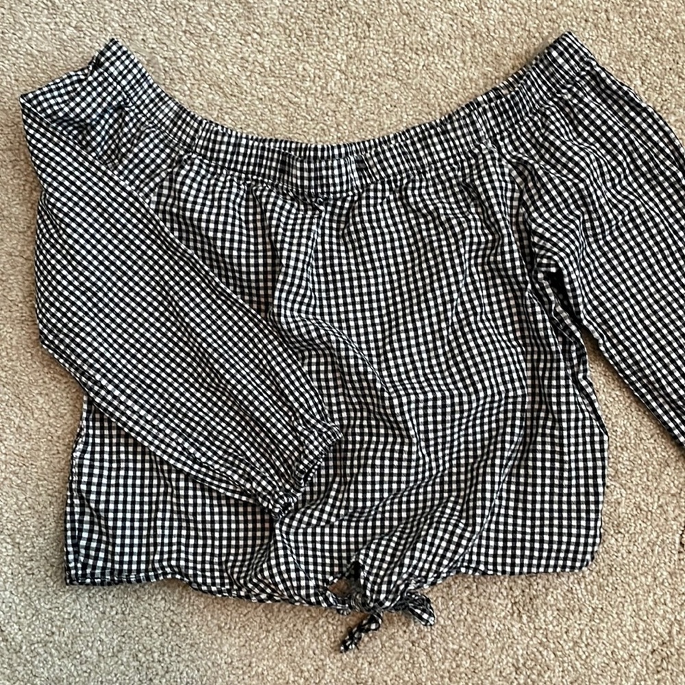 Gingham off the should crop top